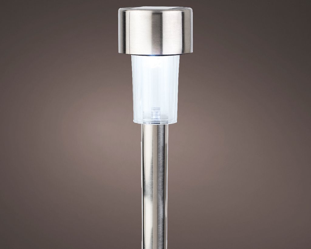A close-up studio shot of a solar garden light.