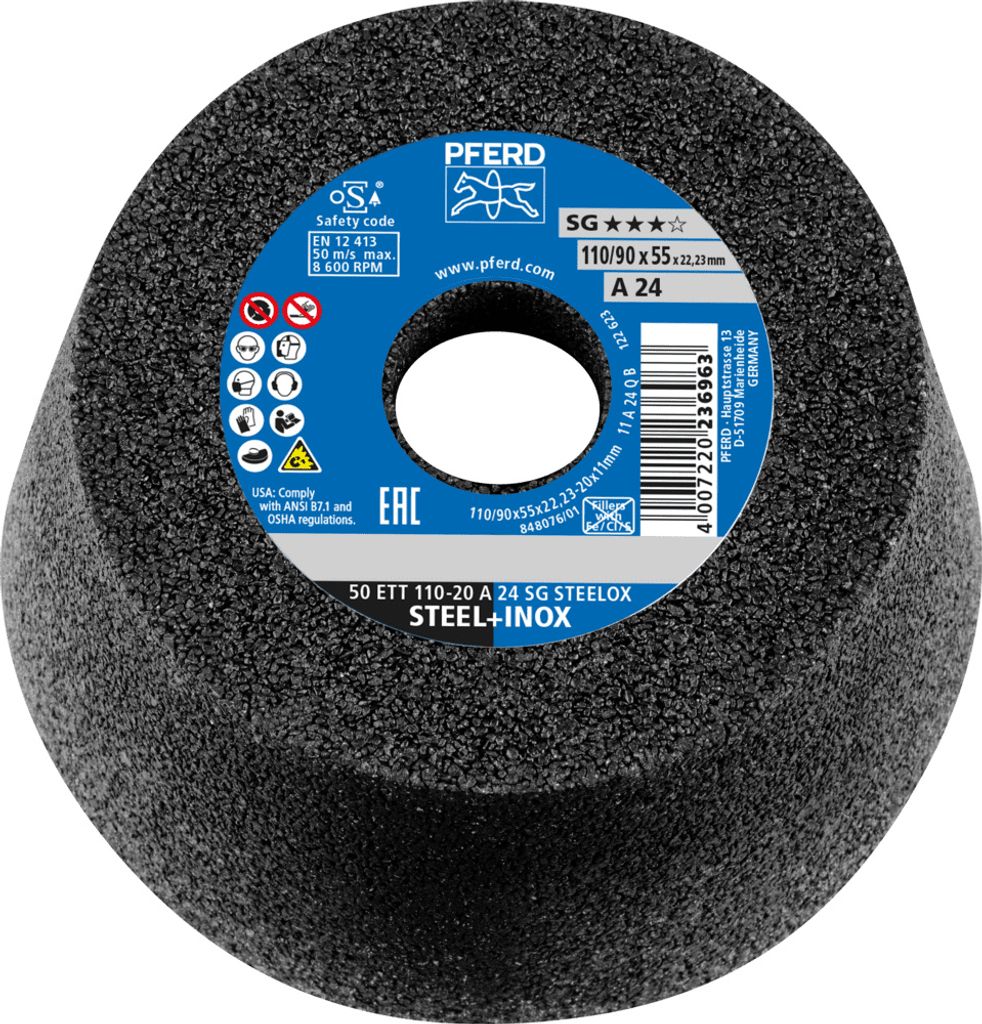 PFERD TOOLS Schleiftopf ETT 110x20x22,23 mm A24 Leistungslinie SG STEELOX für Stahl/Edelstahl