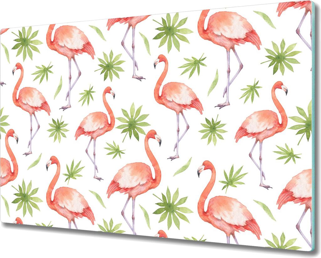 Glas-Herdabdeckplatte Glaskeramikkochfeld-Abdeckung Spritzschutz - 80x52 cm - Blätter und Flamingo