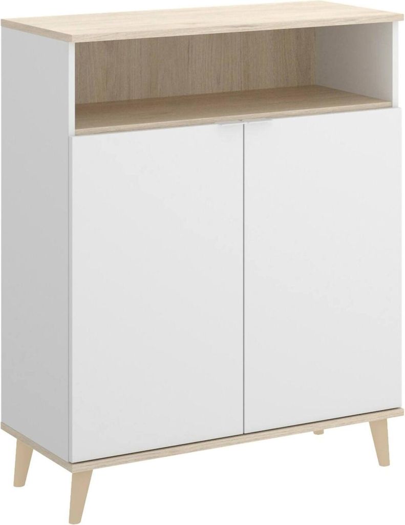 Sideboard Dmossin, Wohnzimmer-Pantry-Buffet, modernes Wohnzimmer-Sideboard mit 2 Türen, 80x40h102 cm, Weiß und Eiche