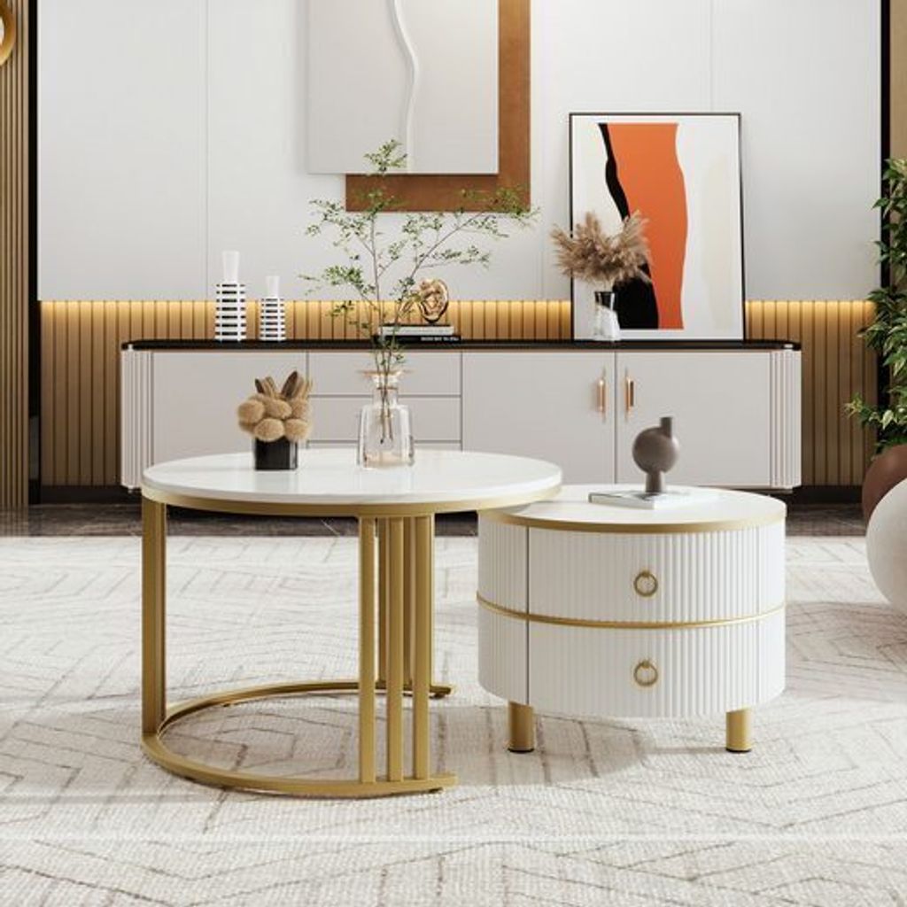 Odikalo Couchtisch 2-in-1 Beistelltisch Teetisch MDF Rund Marmor 2 Schubladen Mehrfarbig
