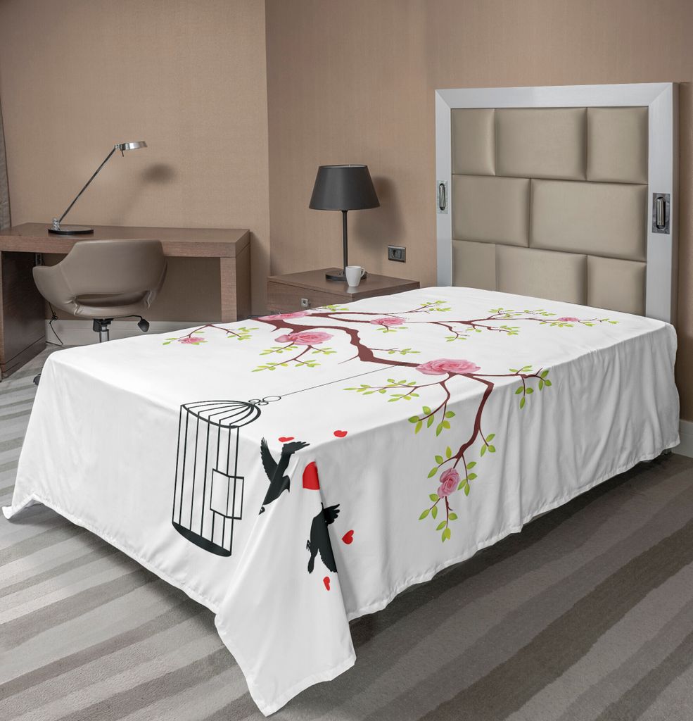 ABAKUHAUS Vögel Bettlaken, Geblühte Rosen Und Fliegende Liebesvögel Mit Herzen Und Cage Couple Romance Love, weiches bequemes oberes Bettlaken f...