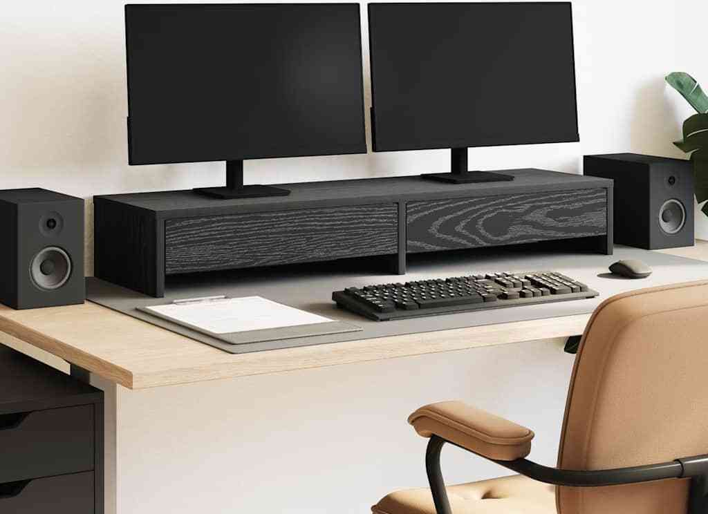 Podstawka pod monitor, z szufladami, czarny dąb, 100x27x15 Zdjęcie produktu 