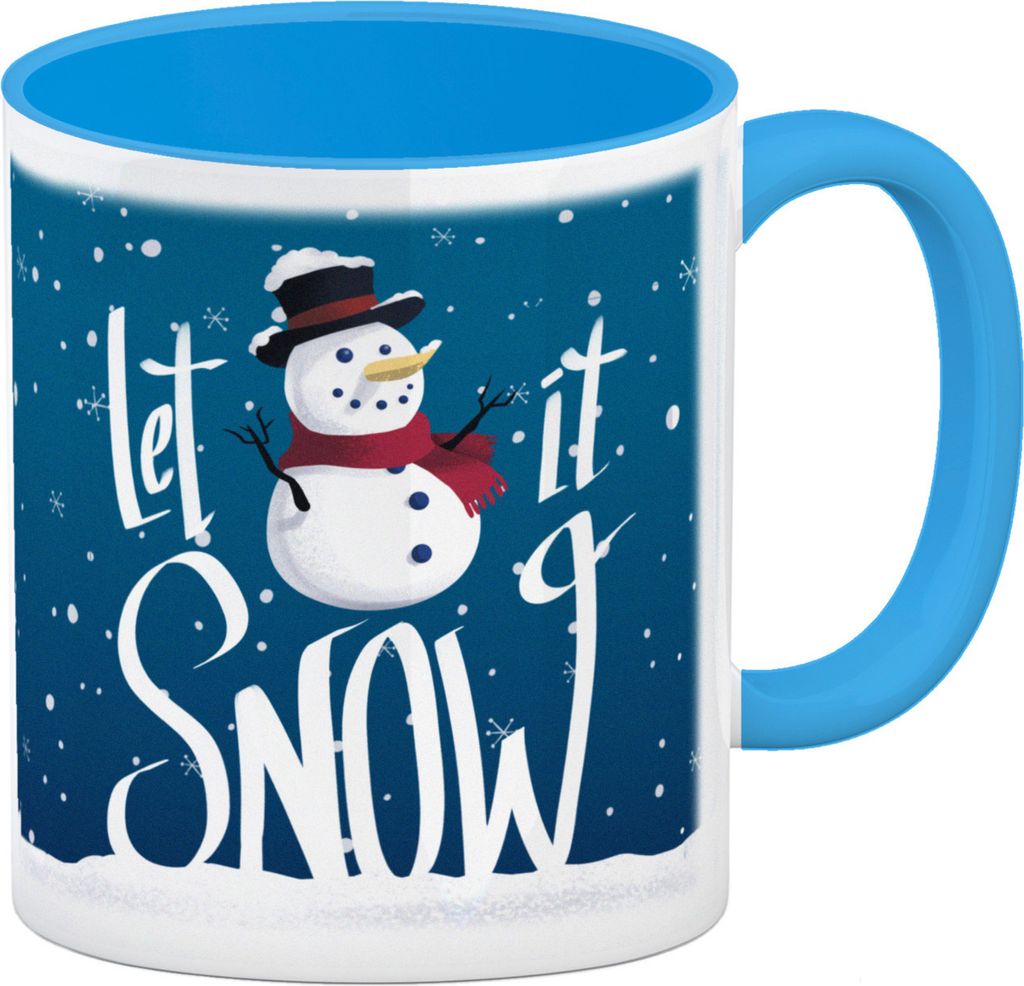 Let it Snow Kaffeebecher Hellblau mit süßem Schneemann und Produktbild 