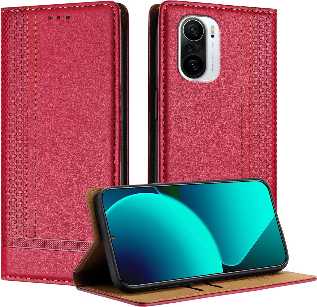 Handyhülle für Xiaomi Poco F3/Redmi K40/K40 Pro Leder Flip Klappbare Schutzhülle mit Standfunktion Rot