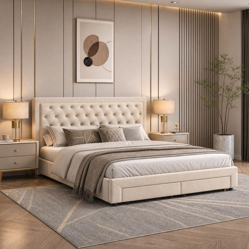 Cama con somier y estructura de boxspring, tapizada, de Imagen del producto 