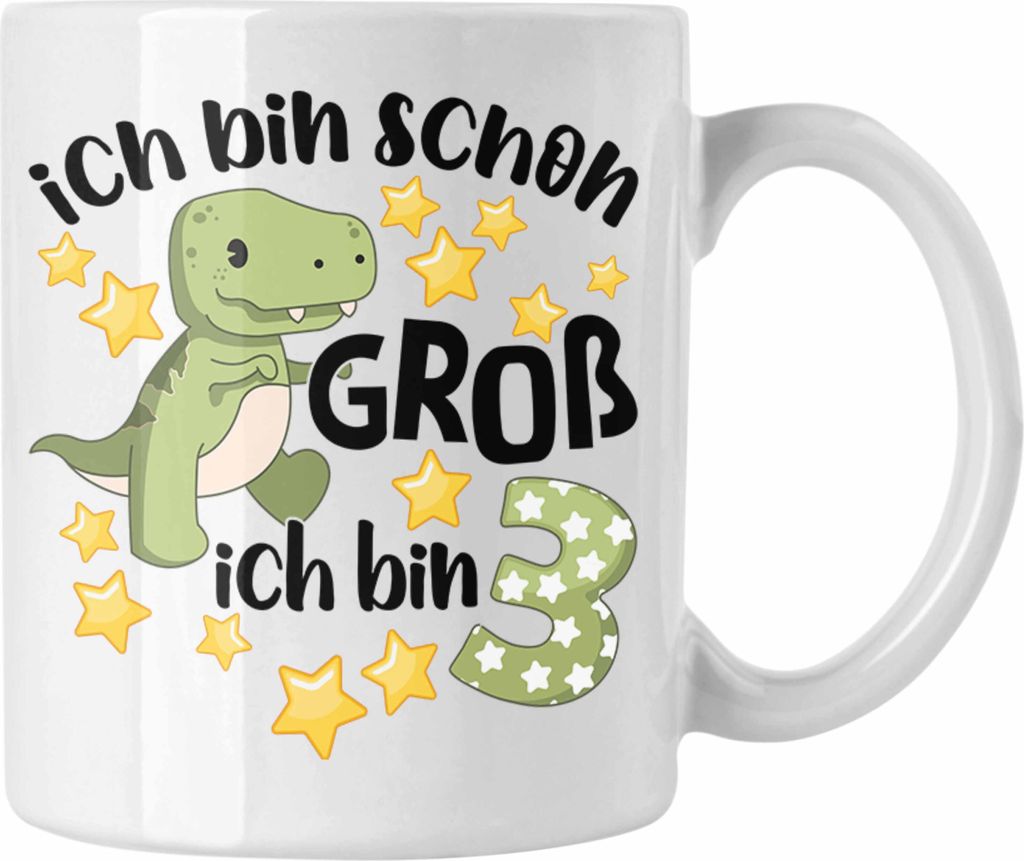 Trendation - 3. Geburtstag Tasse Jungs Jungen Geschenk 3 Jahre Alt 3 Dino für Jungs Dinosaurier Sohn (Weiß)