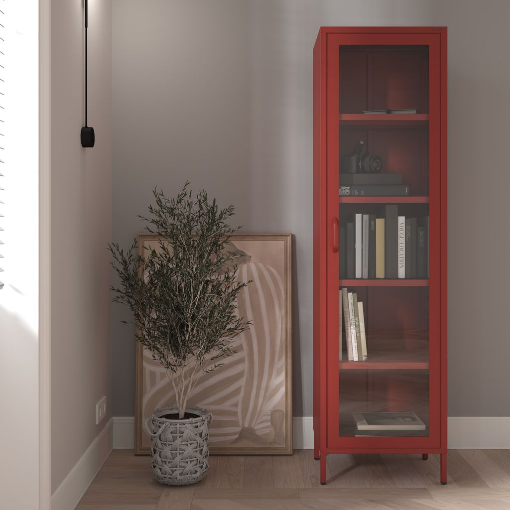 Vetrinetta Libreria a 4 ripiani Vetrinetta in metallo rosso Immagine del prodotto 