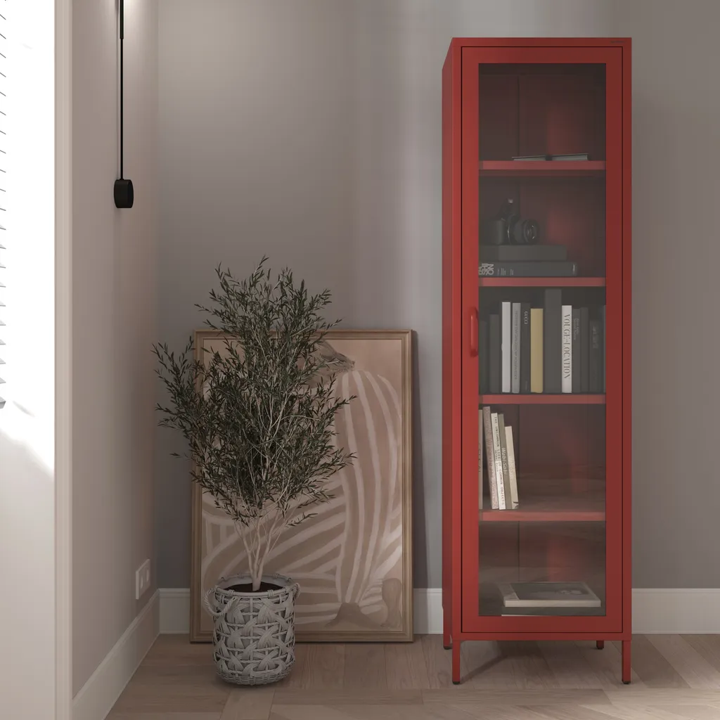 Vitrine bibliothèque rouge en métal étincelant avec 4 étagères fixes