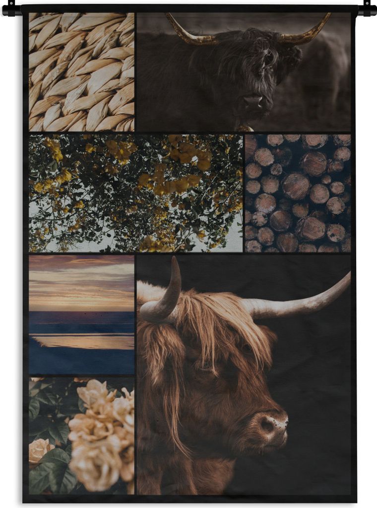 MuchoWow Wandteppich Wandbehang Schottischer Highlander - Garten - Baum - Blumen 90x135 cm Tapisserie Dekoration Wandtuch - Baumwolle - Wandskulptur