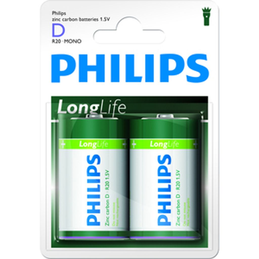 1x2 Philips LongLife D Batterie Produktbild 