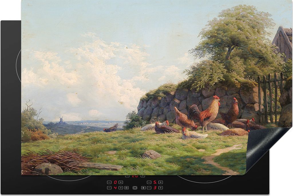 KitchenYeah Herdabdeckplatte Hühner vor einer Steinmauer vor einem reetgedeckten Bauernhaus - Gemälde von Carl Bartsch , 81x52cm, Küche Deko, ...