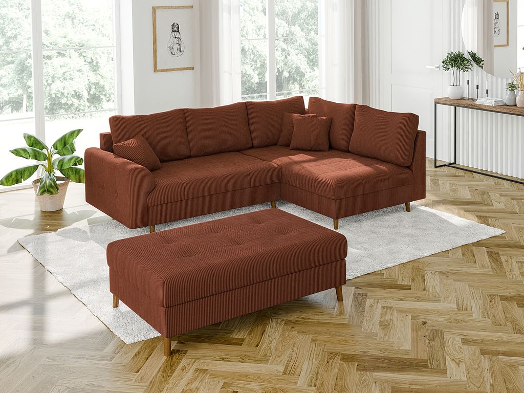 S-STYLE MÖBEL - Kai - Ecksofa mit Schlaffunktion und Hocker mit Braun Holzfüßen im skandinavischen Stil aus Terrakotta Cord-Stoff, Ottomane rechts