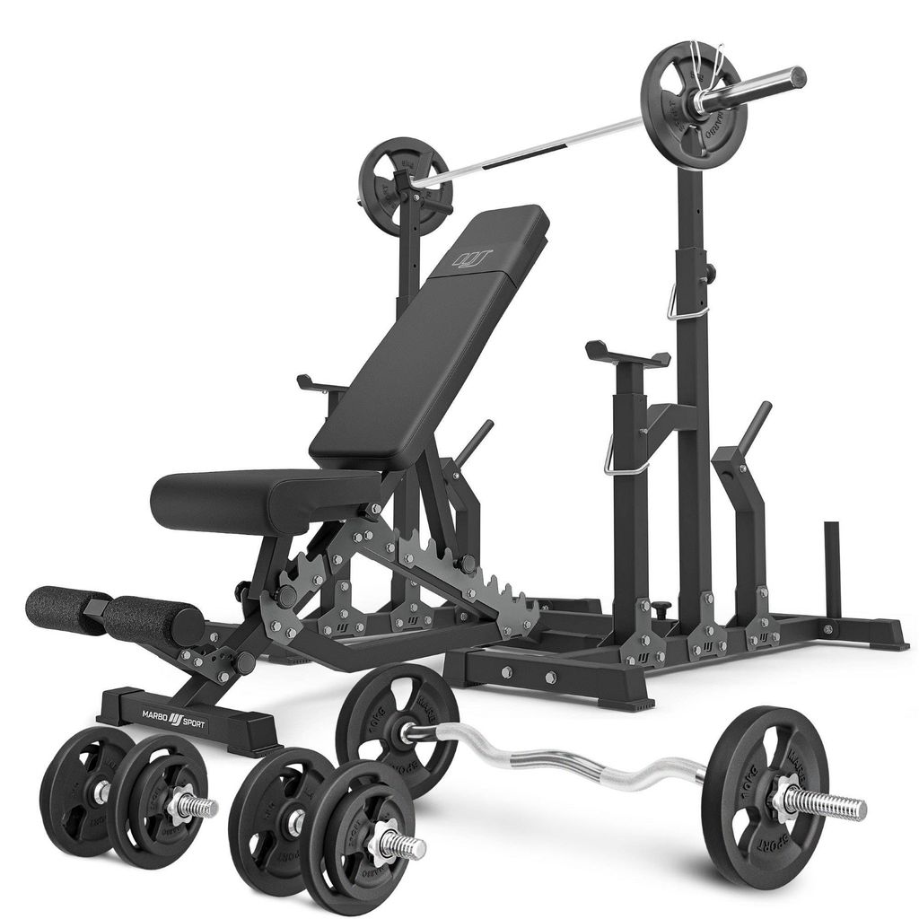 Marbo Sport - Set MS2_2.0_83KG | Doppelseitige Bank + verstellbare Ständer + Stangen- und Hantelscheiben Set 83 kg