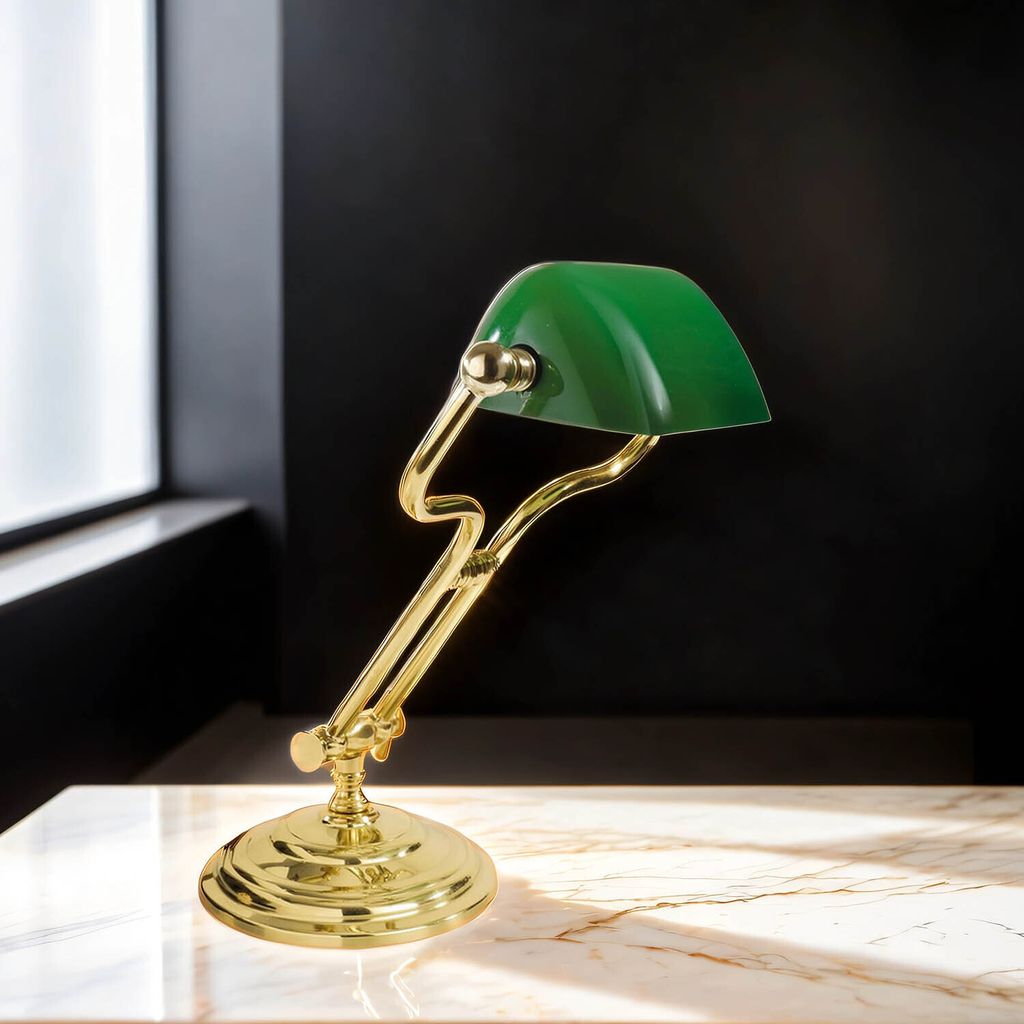 Bankerlampe Glas Messing massiv E14 35 cm hoch in poliert Grün Jugendstil Tischlampe