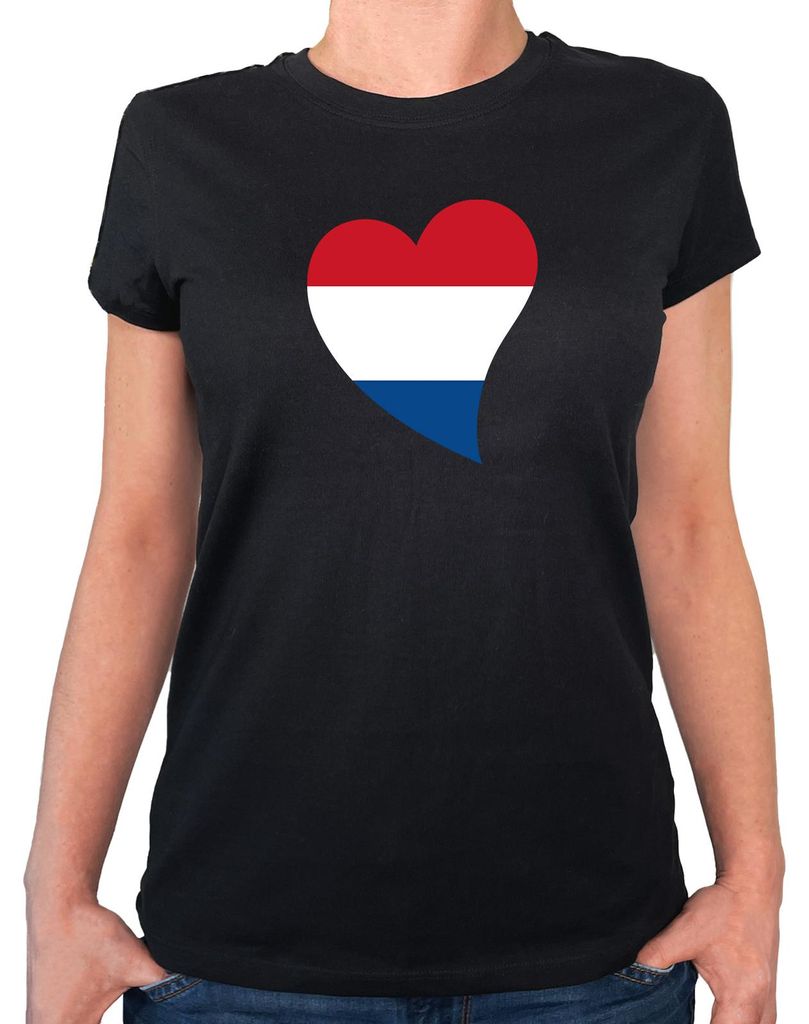 Huuraa Damen T-Shirt Niederlande Flagge Herz XS Black Bio Baumwolle Fairtrade Damenshirt Geschenkidee