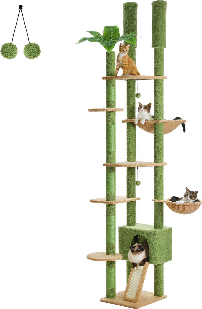 Boden-zu-Decke-Katzenbaum, verstellbare Höhe 230 cm-252 cm, gemütliche Wohnungen und Hängematten, AMT0249GN, XL
