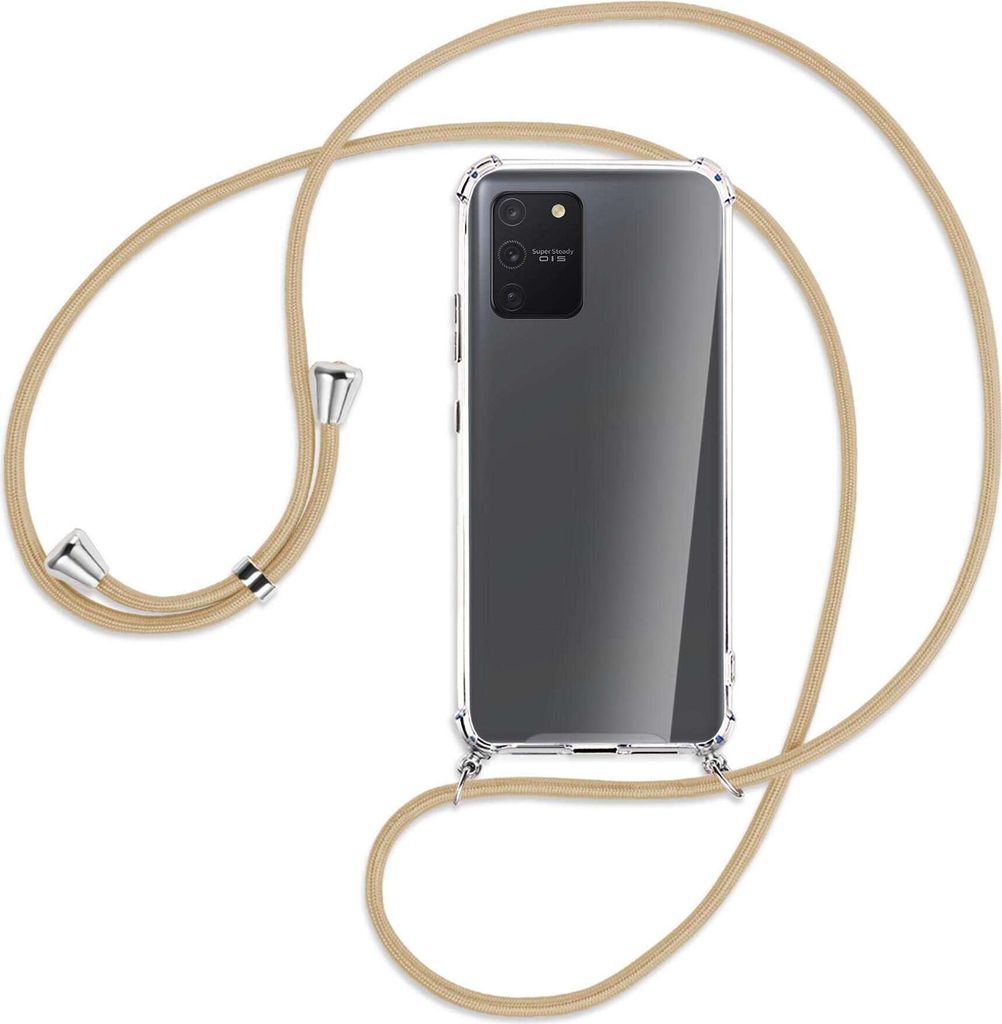 Handykette Backcover-Schutzhülle mit Band (Metall silberfarben) für Samsung Galaxy S10 Lite - caramel
