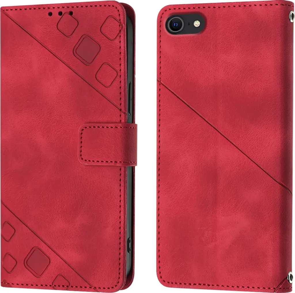 Custodia per iPhone SE (2022) SE 2020 8 7 in rilievo Custodia a portafoglio in pelle flip con funzione stand rosso