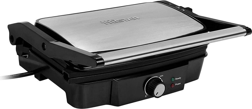 A close-up, angled view of a black and silver electric grill on a white background.