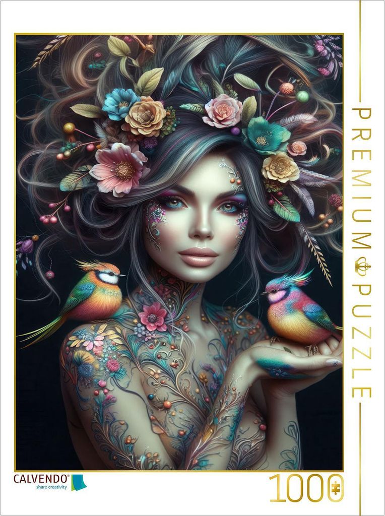 CALVENDO Puzzle Portrait einer Frau mit grau bunten organischen Haarschmuck und Paradiesvögeln auf der Hand | 1000 Teile Lege-Größe 64x48cm Foto...
