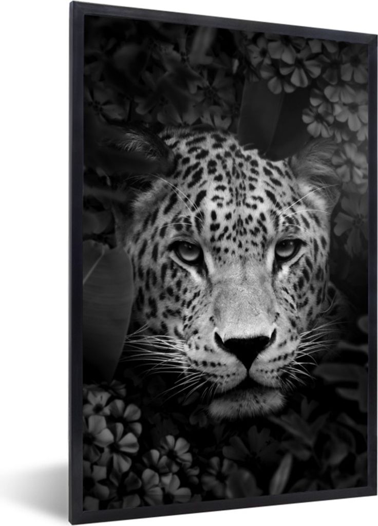MuchoWow Gerahmtes Poster Panther zwischen Blumen im Dschungel - schwarz und weiß 40x60 cm - Poster mit Schwarzem Bilderrahmen Wandposter Rahmen...