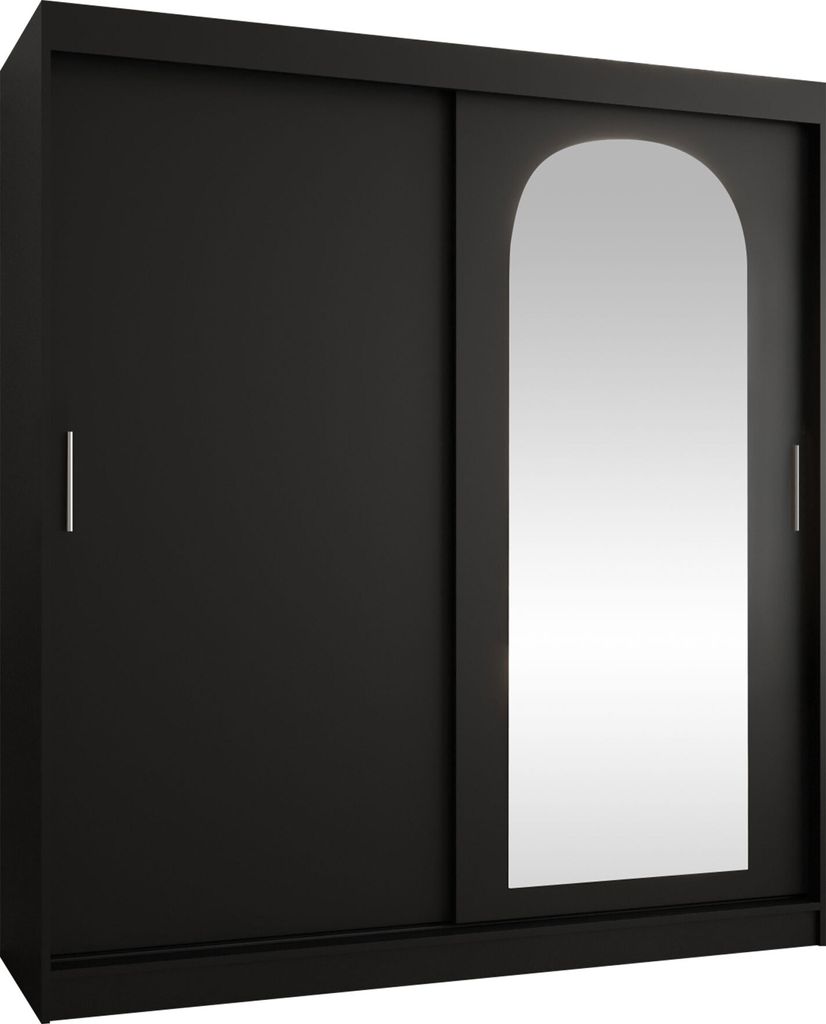 MIRJAN24 Kleiderschrank Selfie 180, Schwebetürenschrank mit zwei Kleiderstangen, Garderobe (Farbe: Schwarz, Größe: 180 cm, mit Schubladen)