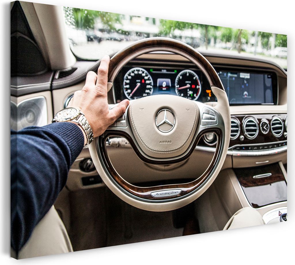 Leinwandbild (60x40cm): Autobilder Sportwagen Innenraum Hand auf Lenkrad, echter Holz-Keilrahmen inkl. Aufhänger, handgefertigt in Deutschland