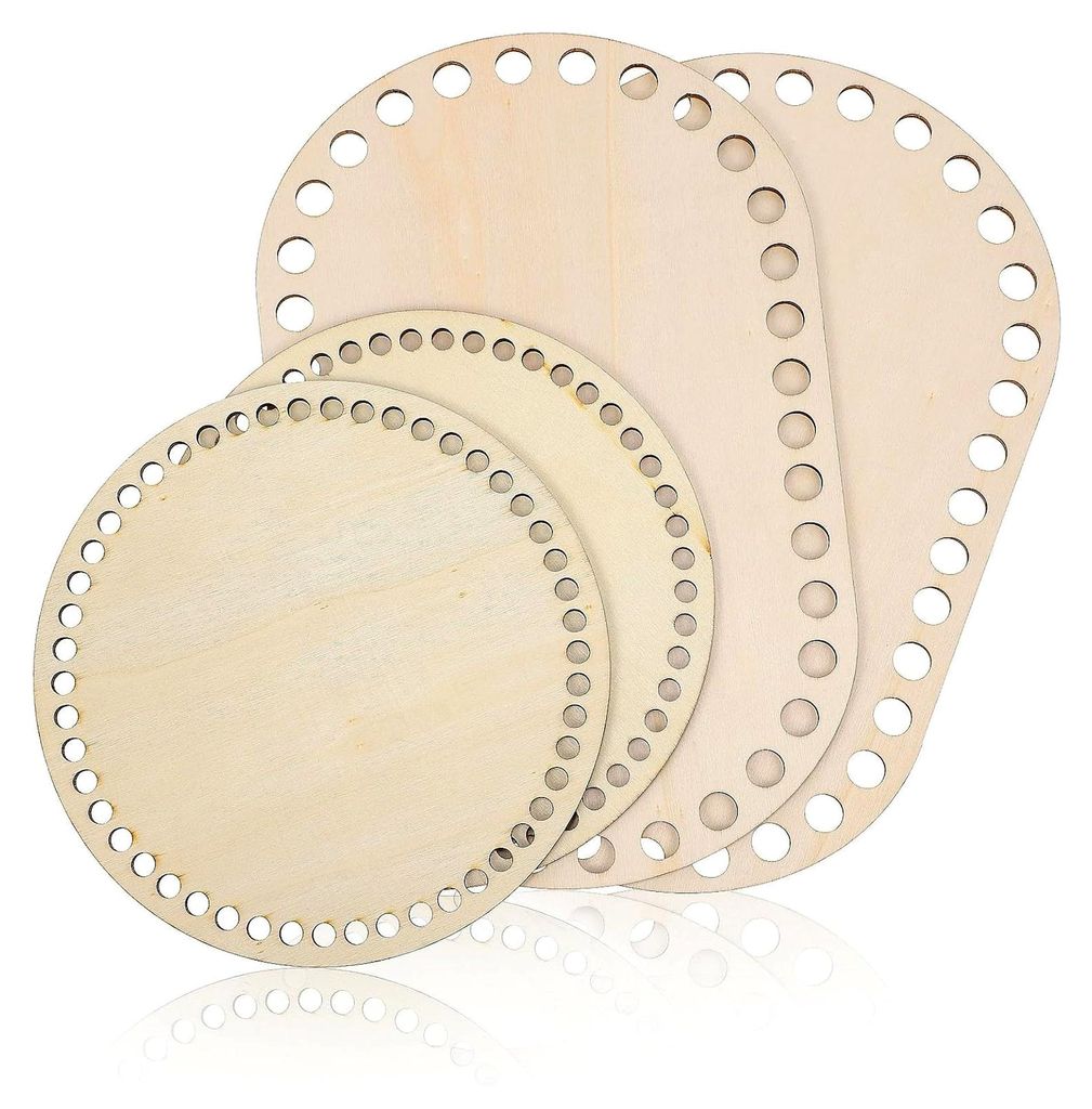 4 Stück Korbböden aus Naturholz, oval und rund, stabile Holzsockel für Häkelkörbe und selbstgemachtes Korbflechten, porös für einfache Nadel...