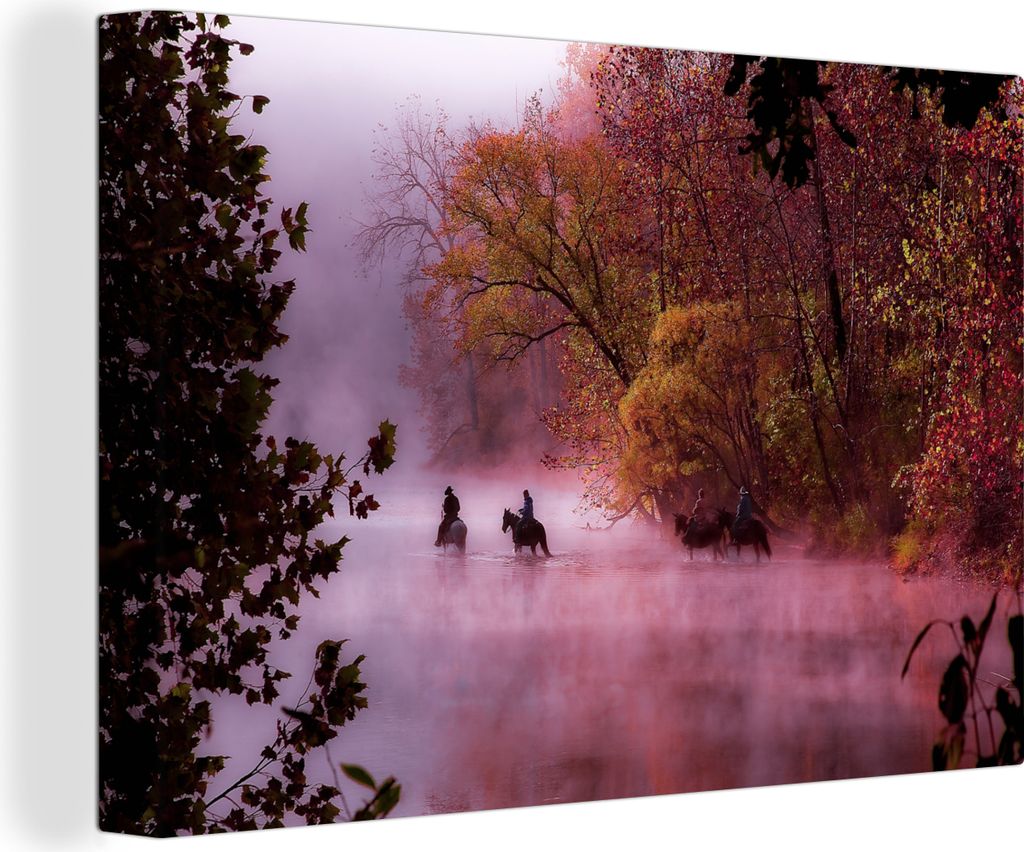 OneMillionCanvasses - Leinwandbilder - 150x100 cm, Pferde - Nebel - Wald, Wandbilder Kunstdruck Wanddekoration