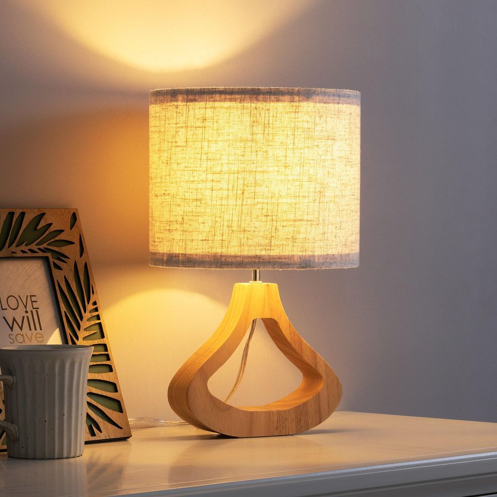 Lampa nocna EDISHINE z drewna, lampa stołowa z żarówką E27, Zdjęcie produktu 