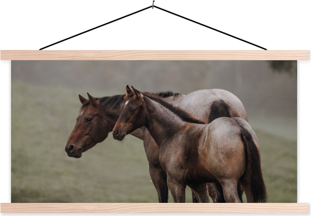 MuchoWow Textilposter Pferde - Natur - Nebel 120x60 cm mit holzfarbenen Rahmen - Klemmleiste