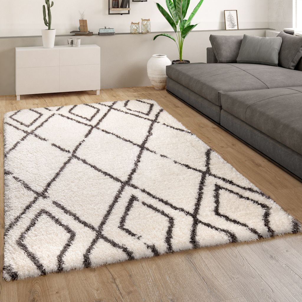 Hochflor Teppich Wohnzimmer Shaggy Langflor Skandinavisch Rautenmuster Creme Grau Grösse 200 cm Quadrat
