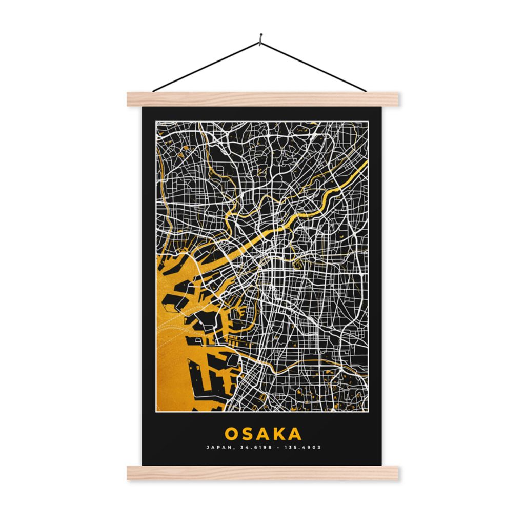 MuchoWow Textilposter Osaka - Karte - Stadtplan - Gold 60x90 cm mit holzfarbenen Rahmen - Textil