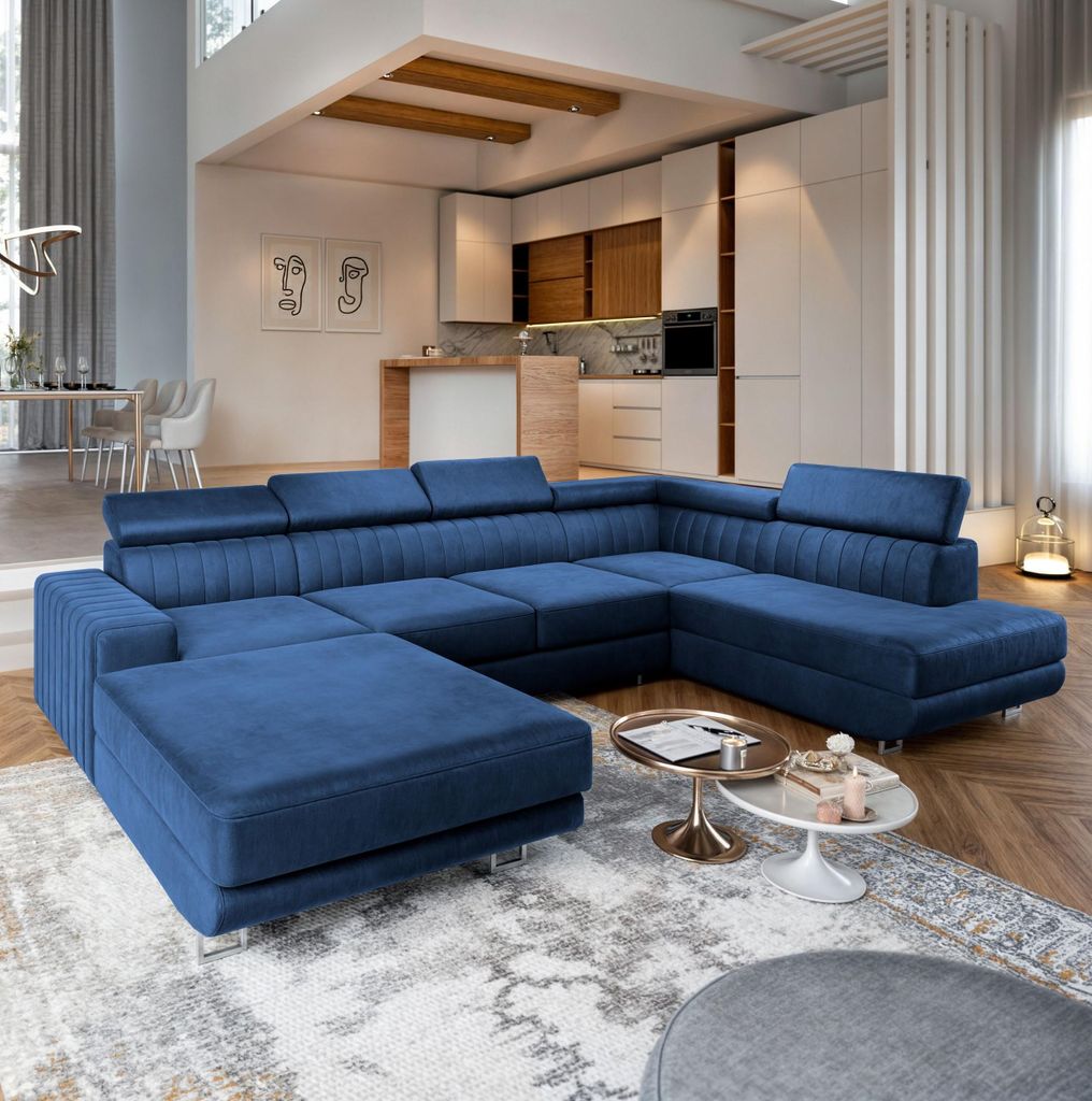 Masseno Ecksofa SIENA R-S mit Schlaffunktion U-Form, Sofa mit Bettkasten, Wohnzimmersofa, Couch, Soffa, Bettsofa, Couchgarnitur- Blau, MONOLITH 77
