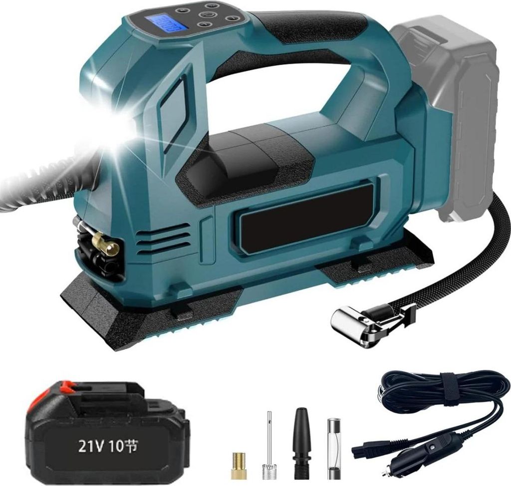 Tragbare Luftpumpe - kabelloser Auto-Reifenkompressor - 18V Akku betrieben - mit LED-Licht - EU-Stecker - inklusive 1 Akku
