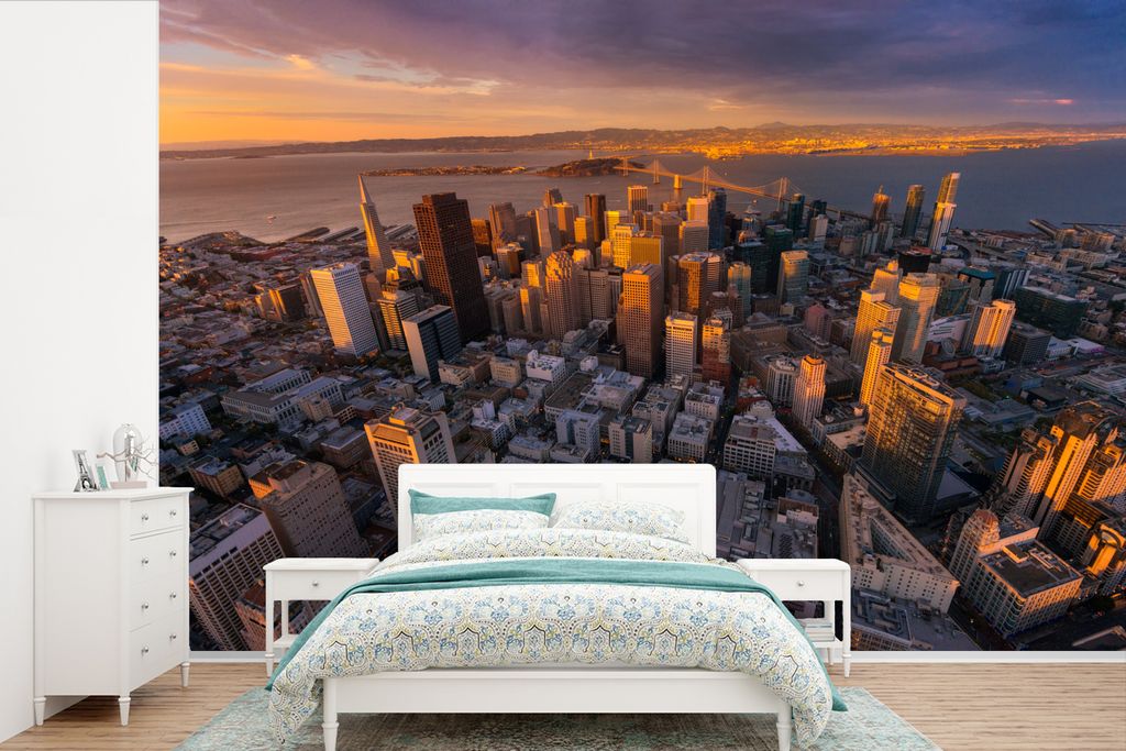 MuchoWow Fototapete für Wohnzimmer oder Schlafzimmer Wandtapete Vinyl Motivtapete San Francisco - Skyline - Sonne - 360x240 cm - Vinyl-Tapete