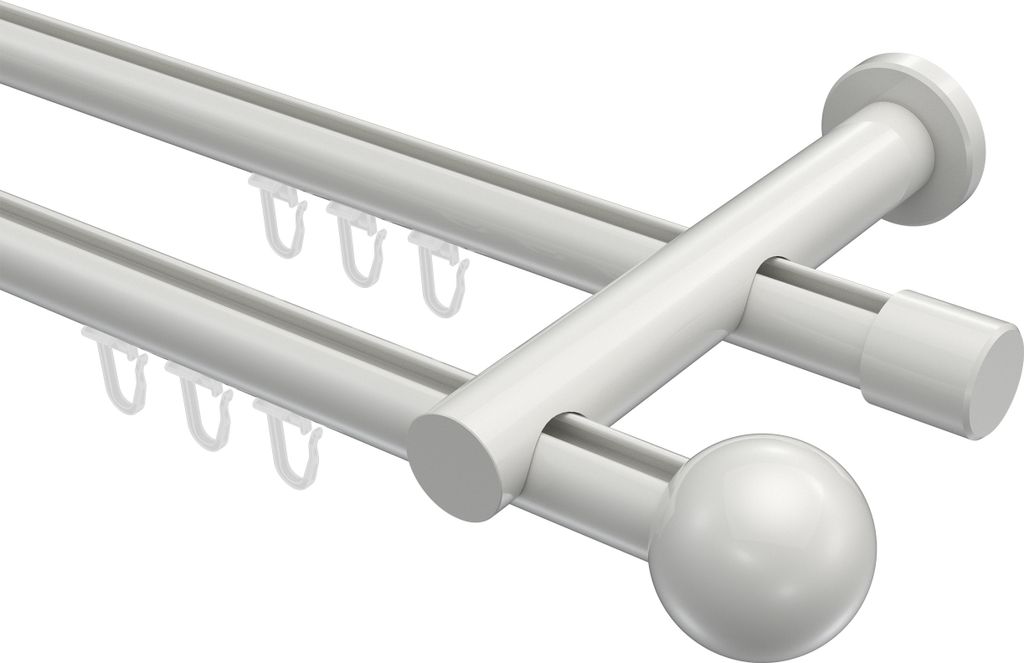 Interdeco Innenlaufstange / Gardinenstange mit Innenlauf Weiß, Typ Platon Luino (Kugel), 20 mm Ø 2-läufig, 120 cm