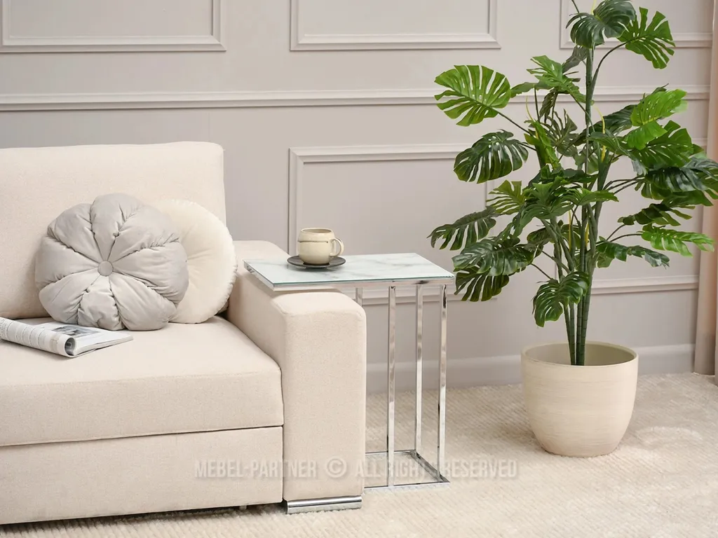 Table d'appoint VESELIN en marbre blanc et chrome, bout de canapé chic