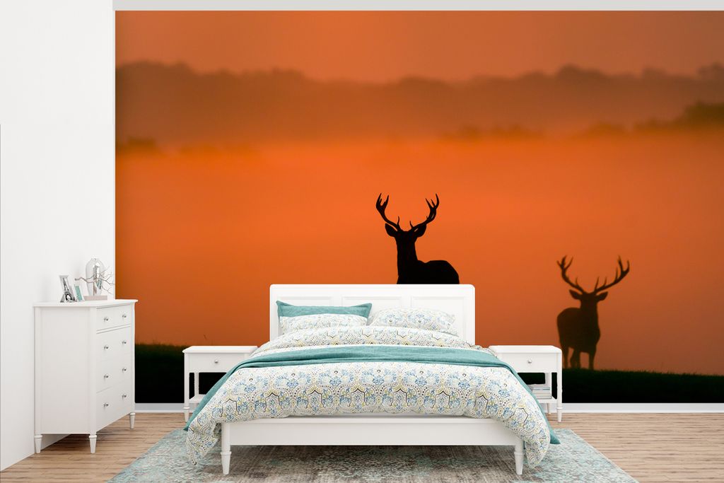 MuchoWow Fototapete für Wohnzimmer oder Schlafzimmer Wandtapete Vinyl Motivtapete Hirsch - Scherenschnitt - Nebel - 345x220 cm - Wohnzimmertapete