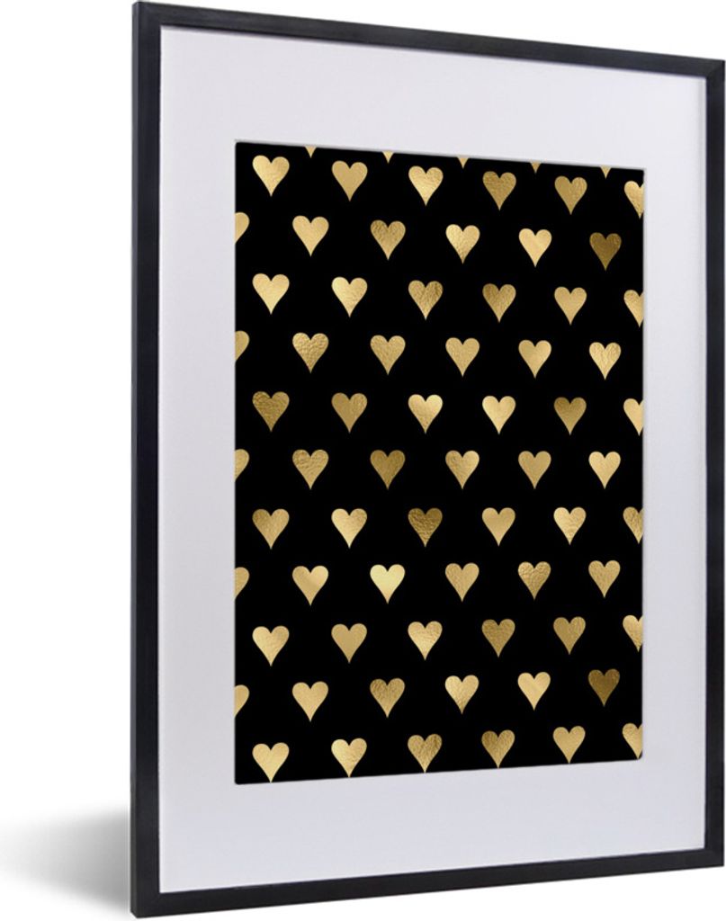 MuchoWow Gerahmtes Poster Muster - Herz - Gold 30x40 cm - Poster mit Schwarzem Bilderrahmen Wandposter Rahmen Foto Bilder - Wandposter Schlafzimmer