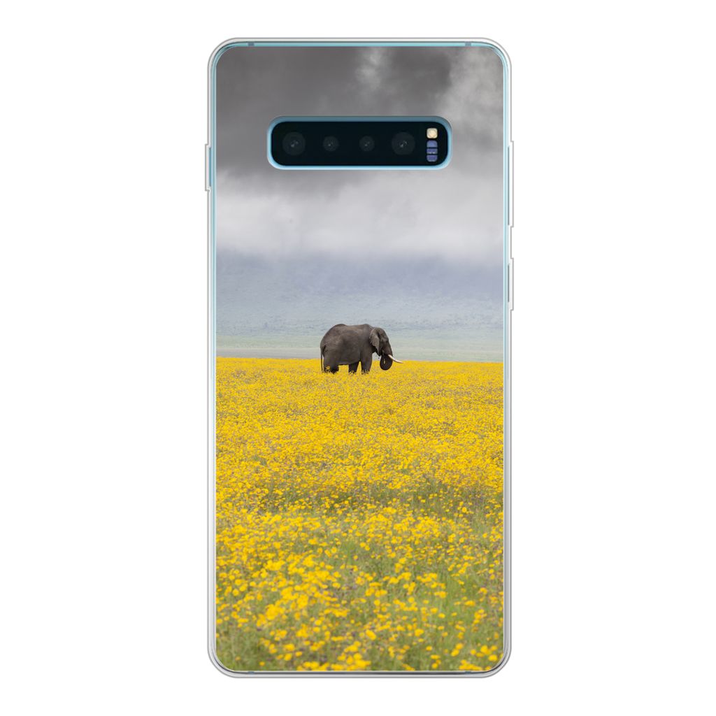 MuchoWow Handyhülle Schutzhülle Hülle für Samsung Galaxy S10 Plus Elefant - Blumen - Natur - Gelb - Tiere Silikon Softcase Handy Hülle - Sch...