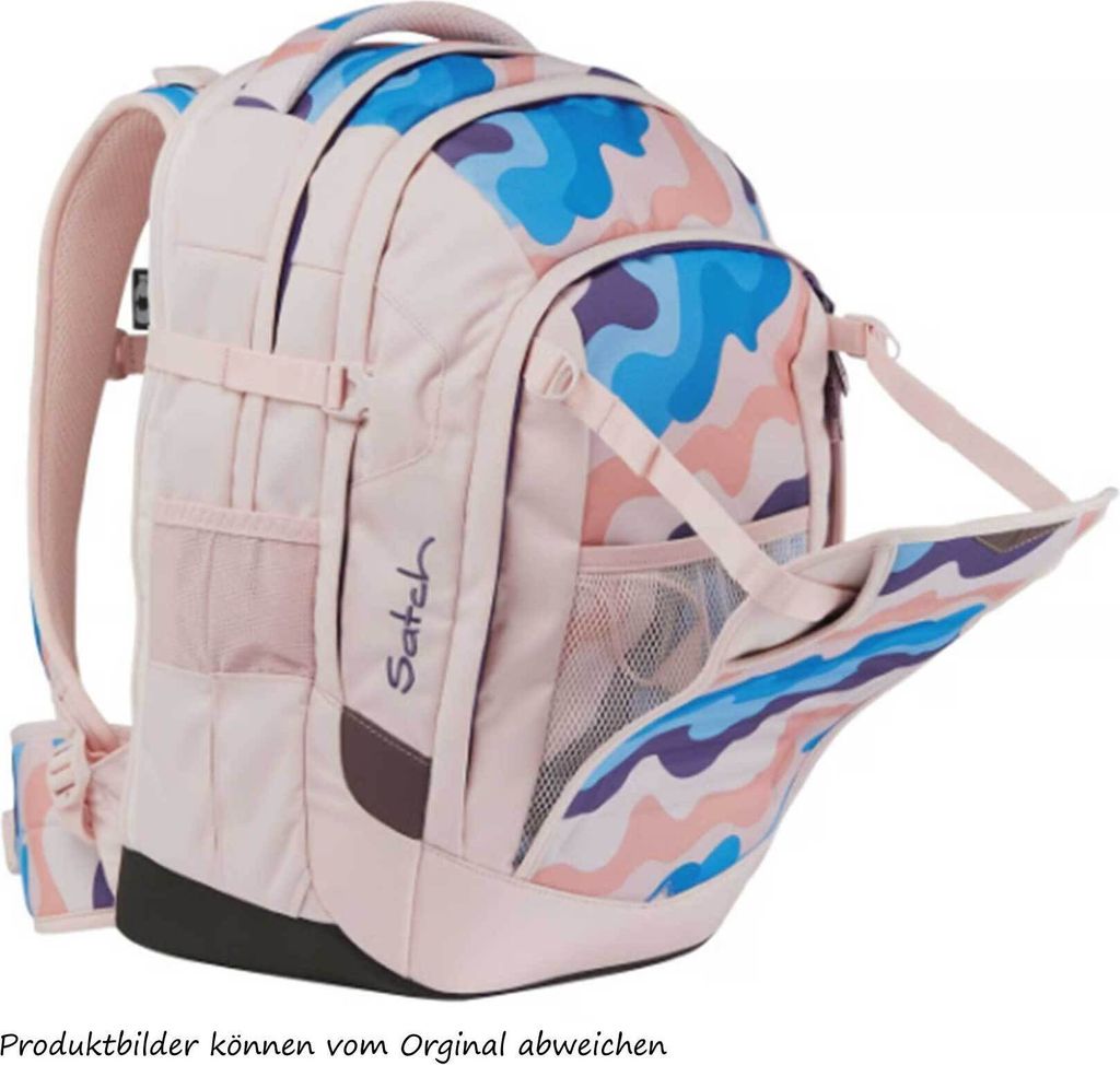 A pink backpack with a colorful abstract pattern, shown from the side with one of its pockets open.