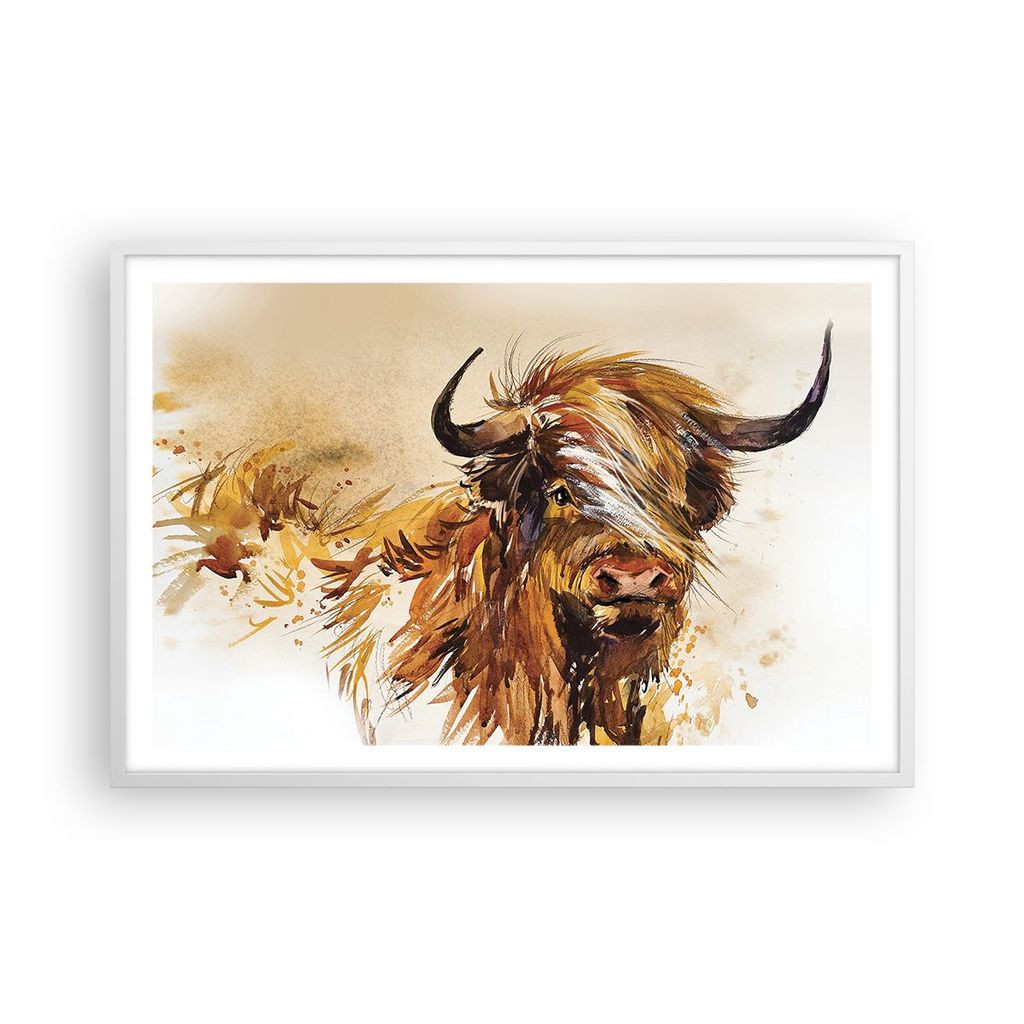 Gerahmtes Poster - Weißer Rahmen - Stier Scotch Aquarell - 91,5x61 cm - Wand Bild - Wanddeko - Wandbilder - Kunstposter - Wandposter - Bilderrahme...