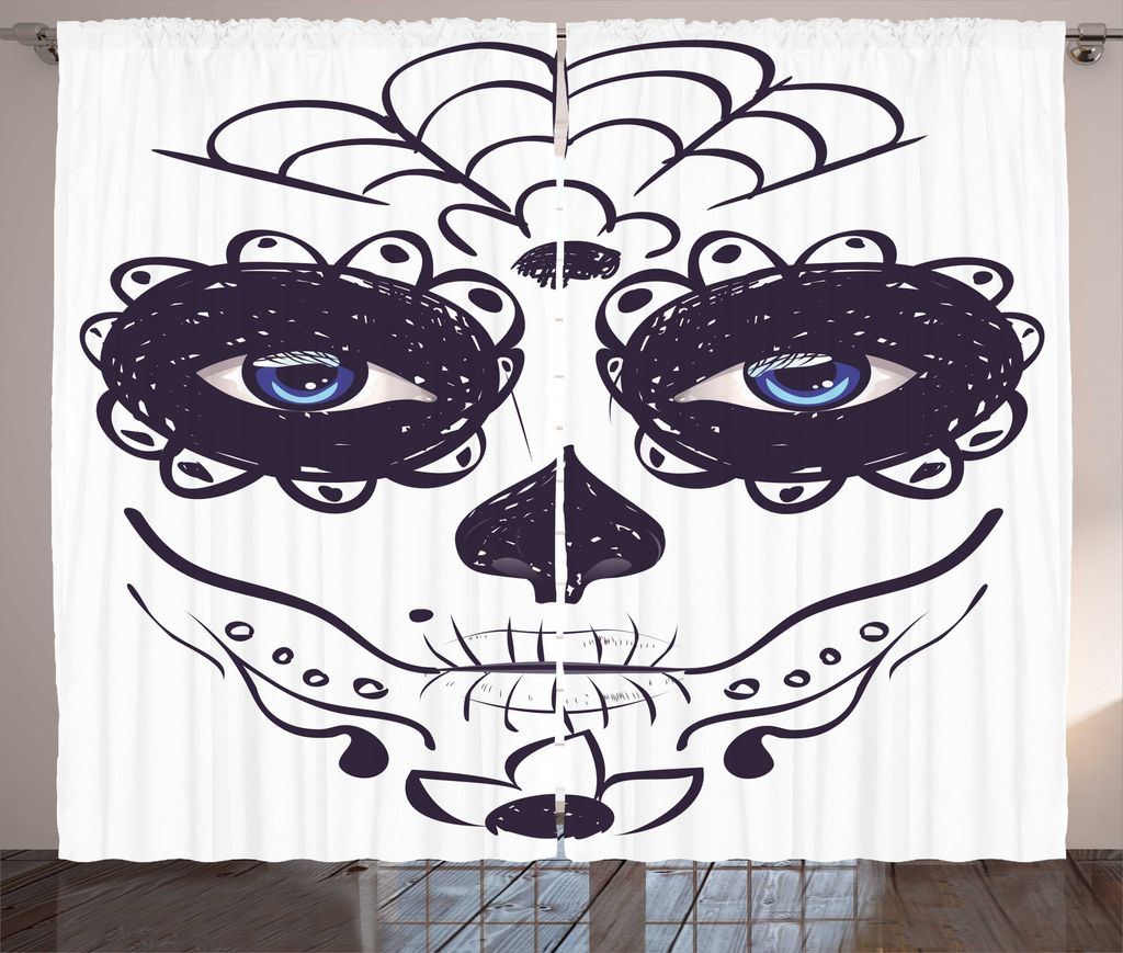 ABAKUHAUS Zuckerschädel Rustikaler Vorhang, Maske Make up-Girl, Wohnzimmer Universalband Gardinen mit Schlaufen und Haken, 280 x 175 cm, Schwarz w...