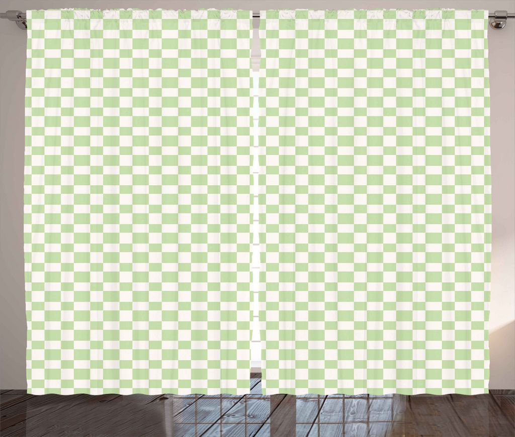 ABAKUHAUS Retro Rustikaler Gardine, Big Little Squares Tile, Schlafzimmer Kräuselband Vorhang mit Schlaufen und Haken, 280 x 175 cm, Lindgrün Weiß