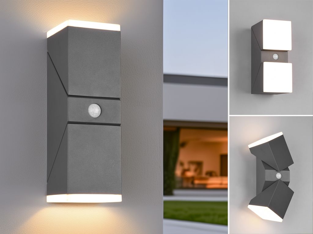 A collage of images showing an outdoor wall light with a motion sensor, displayed in different angles and lighting conditions.