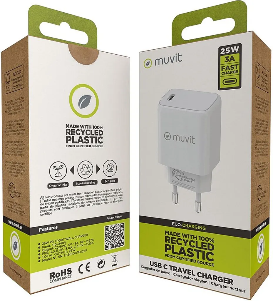 Chargeur USB-C Muvit For Change PD 25W Transparent One Size compact