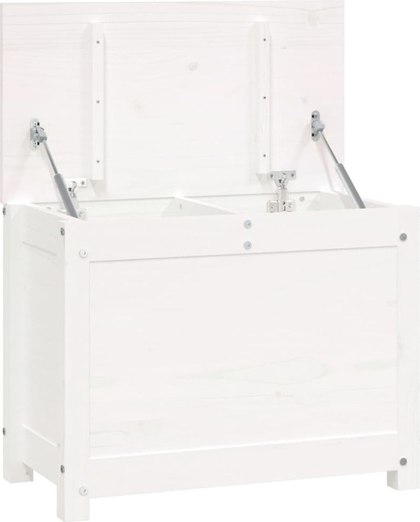 A white wooden chest with its lid open, showing the interior and hinges.