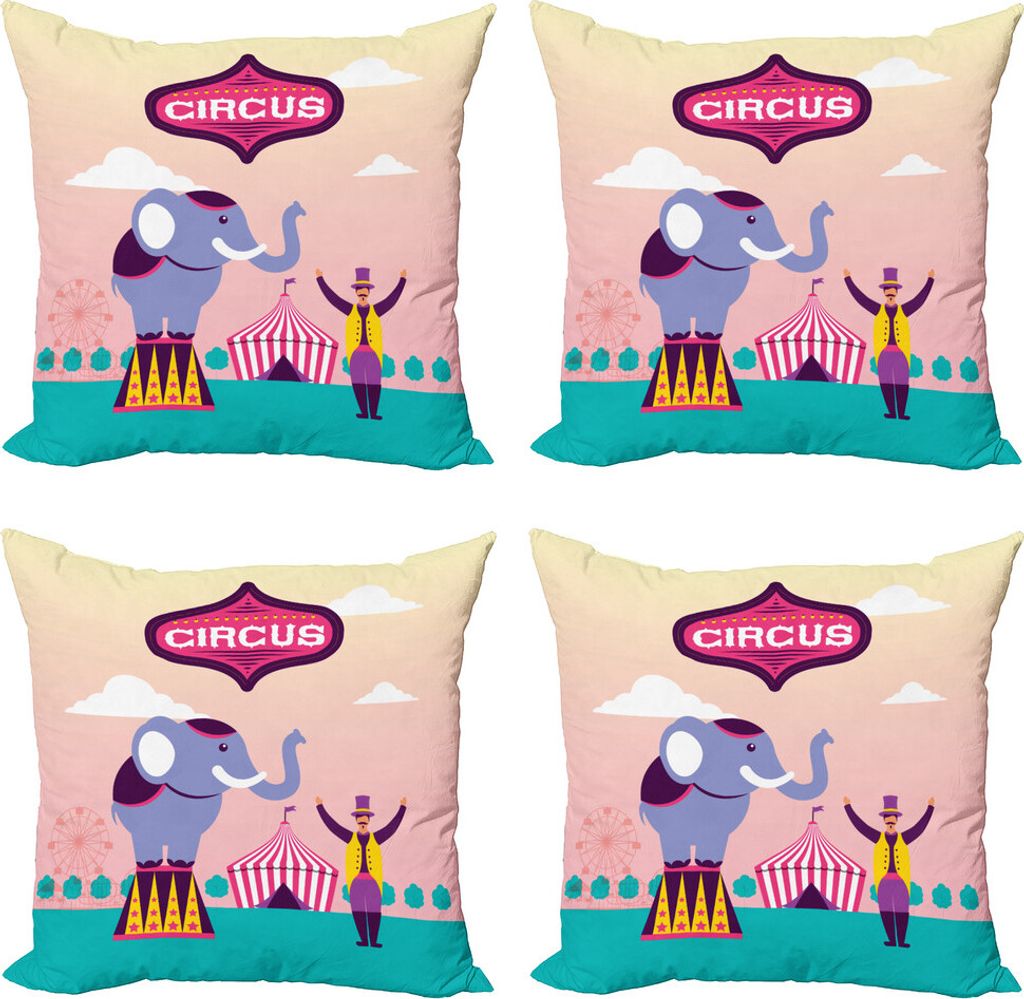 ABAKUHAUS Zirkus Kissenbezug Set (4 Stück), Elephant Acrobat Zelt Ferris, Moderner Doppelseitiger Digitaldruck, 60 cm x 60 cm, Mehrfarbig